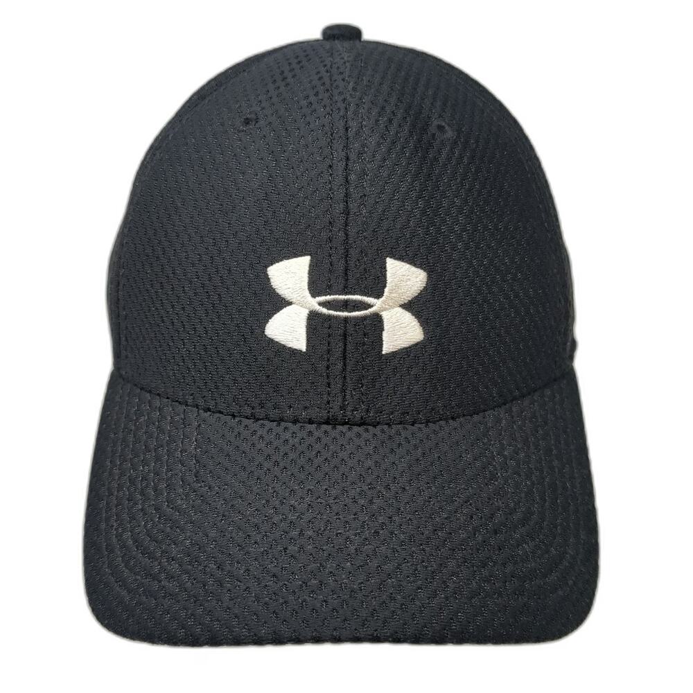 Under Armour Baseball Cap Black L Mesh Fitted Hat White Embroidered Logo Stretch